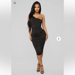 Fashion Nova Black One Shoulder Ruched Midi Dress Bodycon Party Club Vegas